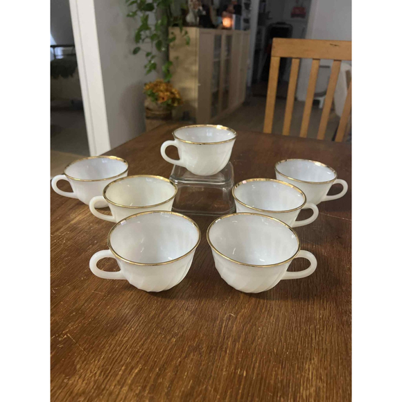 Fire King Cup Set X7 Milk Glass Swirl Gold Rim 22kt NEW NWT Vintage